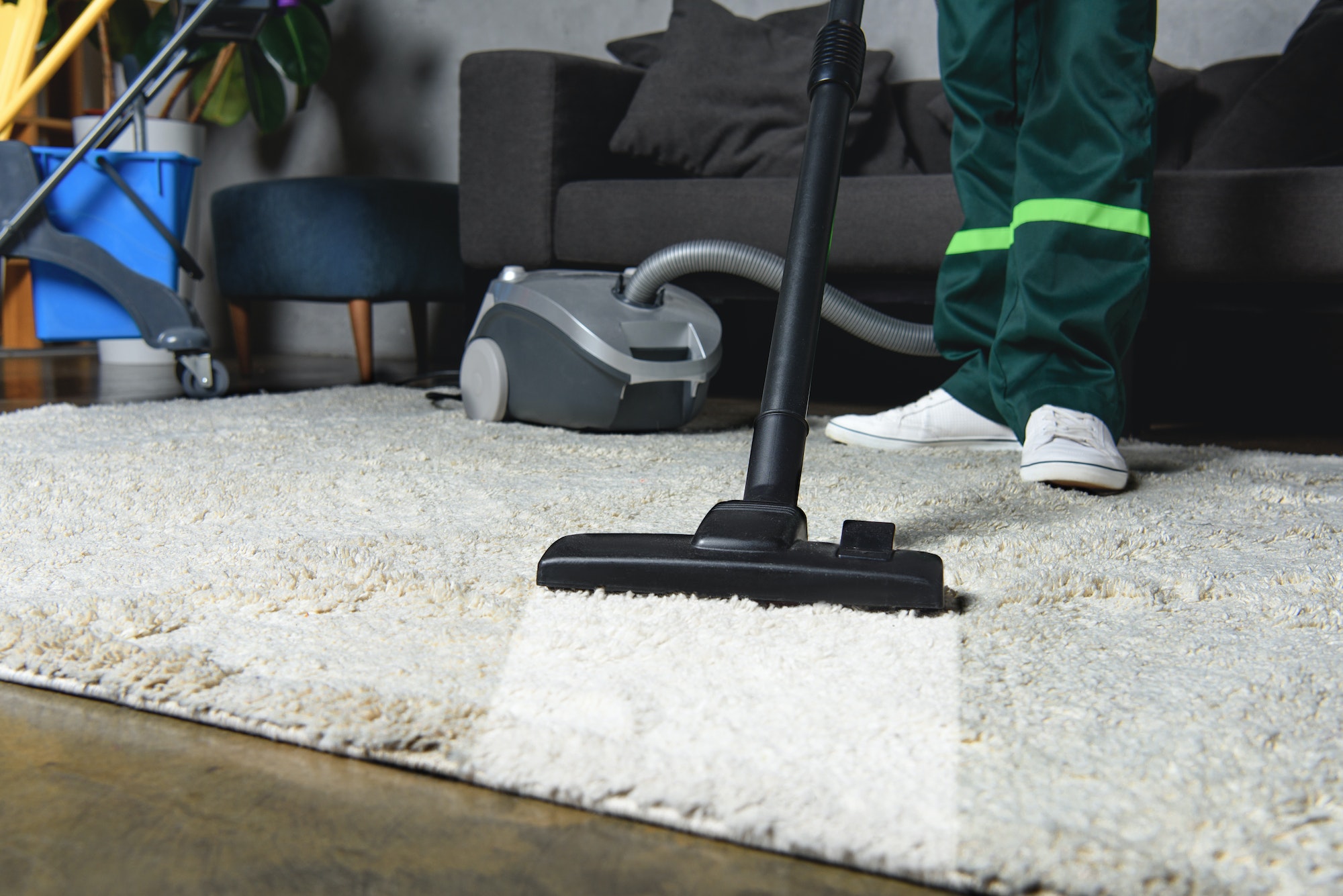 close-up view of professional worker using vacuum cleaner and cleaning white carpet